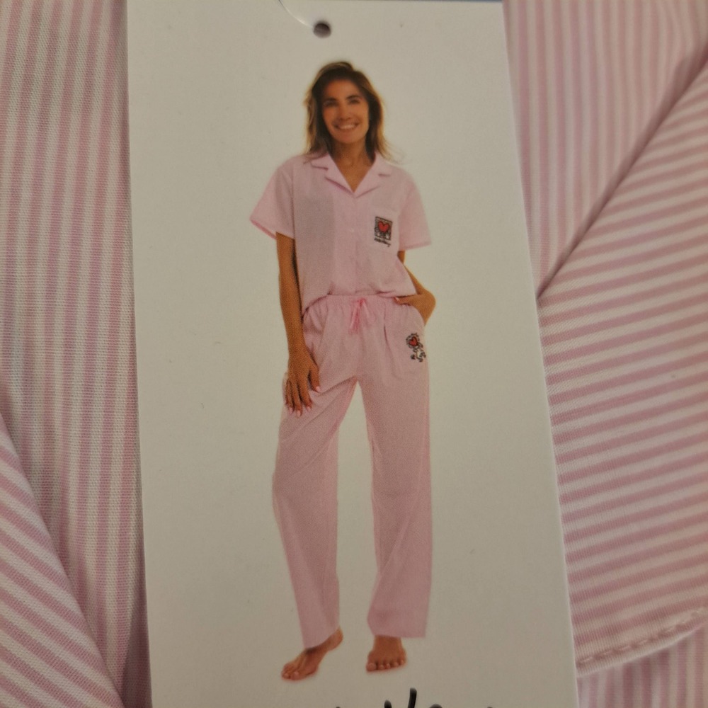 Keith Haring Womens Pajama Set L Pink NWT Striped Heart Art 1840-250